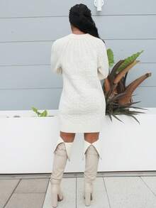 Steph T Women's Apricot Crew Neck Lantern Sleeve Cable Knit Loose Mini Sweater Dress, Crew Neck Long Sleeve Sweater Dress, Loose Sexy Sweater Dress, Relaxed Style, Spring/Autumn/Winter Clothing, Elegant, Commute, Casual, Daily, Minimalist, Work Outfit - Apricot - View 2