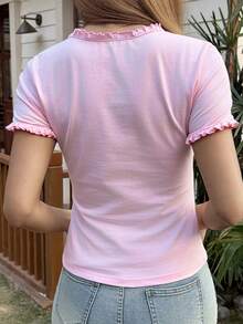 DAZY Pink Frill Trim Cotton Printed T-Shirt For Women, Summer - Pink - View 2