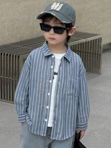 Dazy Kids 男童条纹 Polo 领单排扣休闲百搭日常长袖衬衫 - 藍色 - 查看 3