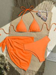 Zestiva Bộ bikini 3 món màu trơn dành cho nữ, kèm họa tiết in ngẫu nhiên. - trái cam - Xem 3