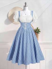 SHEIN MOD Plus Size Summer Retro Blue Plaid Patch Dress For Women, Summer,Milkmaid Dress With Corset Waist And Puff Sleeves Picnic Dress - Blue and White - View 2