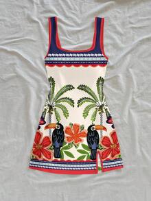 Soleia Đầm ngắn kiểu dáng nghỉ dưỡng thường ngày, phong cách nghỉ dưỡng Brazil, họa tiết rừng nhiệt đới, chim toucan và cây cọ, họa tiết hình học, viền hoa, phối màu tương phản, cổ chữ U, hở lưng, thích hợp cho mùa hè. - Nhiều màu - Xem 4