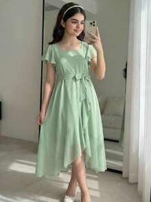 Tween Girl Solid Color Square Neck Ruffle Trim Patchwork Short Sleeve Fashion Dress - Green - View 4