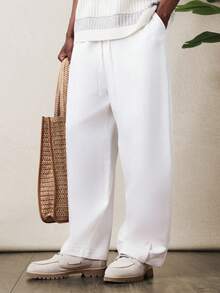 SUMWON 男士宽松版型套穿亚麻质感锥形裤脚休闲裤，夏季舒适时尚之选 - 米色 - 查看 3