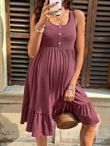 SHEIN 孕妇纯色纽扣设计荷叶边下摆无袖休闲连衣裙 - 酒紅色 - 查看 1