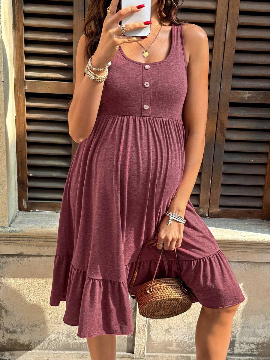 SHEIN 孕妇纯色纽扣设计荷叶边下摆无袖休闲连衣裙 - 酒紅色 - 查看 1