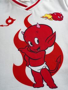 SHEIN HOT STUFF Young Boy Cartoon Pattern V-Neck Short Sleeve T-Shirt And Shorts Set, Summer - Red - View 4