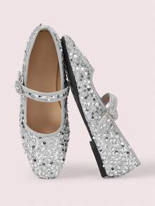 CUCCOO DOLLMOD Women's Silver Sequin Shiny Slip-On Round Buckle Design Square Toe Flat Mary Jane Shoes, Fashionable And Elegant For Birthday Party Outfit - Silver - View 1
