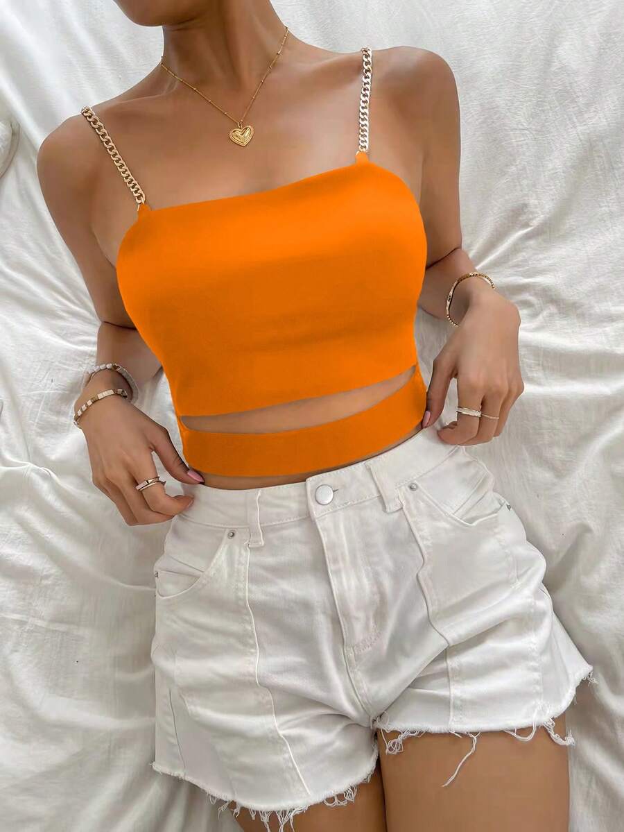 Zolique 女士金属链条露脐上衣，优雅万圣节派对服装 - 橘色 - 查看 1