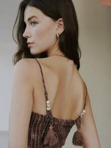 Nöista Slip Dress Features A Delicate Vertical Stripe Pattern With Subtle Floral Detailing With Adjustable Straps. Spring, Summer, Weeding Dress, Easter, Night, Formal Event, Woman. - Brown - View 9