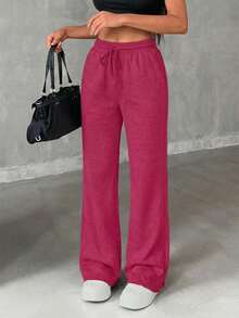 Women's Casual Solid Color Drawstring Waist Flare Sweatpants - Pink - View 3