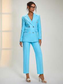 RueChic Bộ vest nữ màu xanh nhạt hai hàng cúc với ve áo xẻ và khuy trang trí, kết hợp với quần ống đứng cạp cao. - Màu xanh nhạt - Xem 6