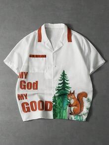 Manfinity Hypemode 男士春夏亚麻质感印花短袖休闲衬衫，年轻度假衬衫 - 白色 - 查看 3