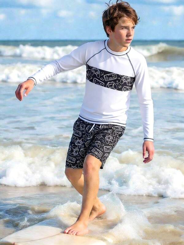 Teen Boys Swimsuit Cool Multi Color Game Console Positioned Printed Long Sleeve With Beach Pants Swimsuit Suitable For Vacation Summer Beach Beach Swimming Pool Summer Party Casual Swimsuit Set Boy Swimsuit Set Long Sleeve Boys Rash Guard Set