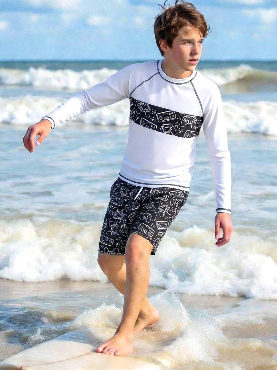Teen Boys Swimsuit Set White Game Console Positioned Printed Long Sleeve Rash Guard With Beach Pants,Summer Streetwear Holiday Casual Bathing Suit