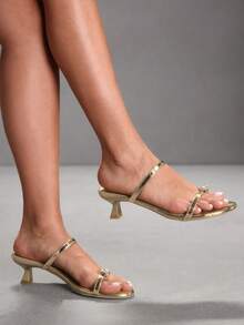 CUCCOO SZL Women's Pointed Toe Rhinestone Embellished Strap Design Stiletto Heel Sandals, Suitable For Commuting And Daily Wear Valentine's Day - Gold - View 1