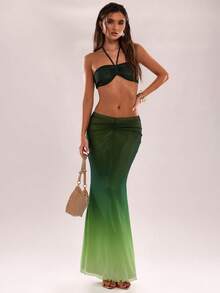 SHEIN BAE Women's Ombre Pleated Halter Crop Top And Fishtail Midi Skirt Sexy Fashion Set - Green - View 1