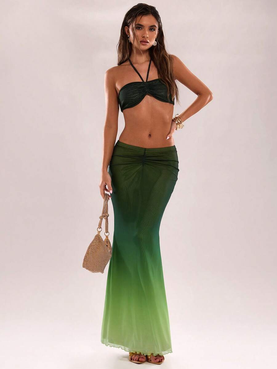 SHEIN BAE Women's Ombre Pleated Halter Crop Top And Fishtail Midi Skirt Sexy Fashion Set - Green - View 1