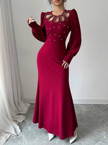 Modelyn Vestido ajustado elegante de punto de angora rojo con adornos de strass y bajo de cola de sirena para otoño/invierno, ropa de Año Nuevo, vestido largo de noche para mujer - Rojo - Ver 5