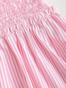 Sweetra Women's Pink Striped Summer Dress With Puff Sleeves, Frill Trim, A-Line Design, Cute & Romantic Beach Holiday Style - Pink - View 3