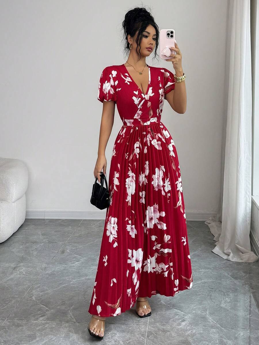 Rafferiza Red Floral,Summer,Elegant,Tea Party V-Neck Puff Sleeve Elastic Waist Ruched Maxi Dress For Women,Fashionable Beach Vacation Casual Long Floral Dress - Red - View 1