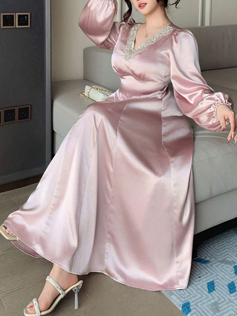 Dazy Plus Đầm dự tiệc tay phồng thanh lịch, cổ chữ V đính đá, phối ren, ôm eo, chất liệu satin, cỡ lớn, màu hồng, thích hợp cho mùa xuân/thu. - Hồng - Xem 1