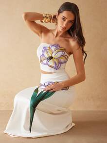 Silquee 女士花卉印花优雅中长裙 - 白色 - 查看 7