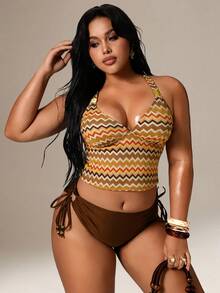 Auralis Conjunto de bikini de verano de talla grande con patrón ondulado retro y espalda cruzada a la moda - Multicolor - Ver 3