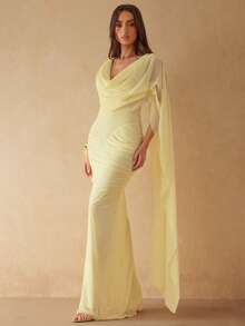 Silquee 女士褶皱垂褶领长连衣裙，春夏款 - 淡黃色 - 查看 5