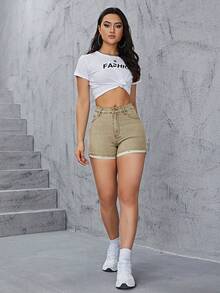 SHEIN ICON 女士夏季休闲斜插口袋卷边修身牛仔短裤 - 卡其色 - 查看 6