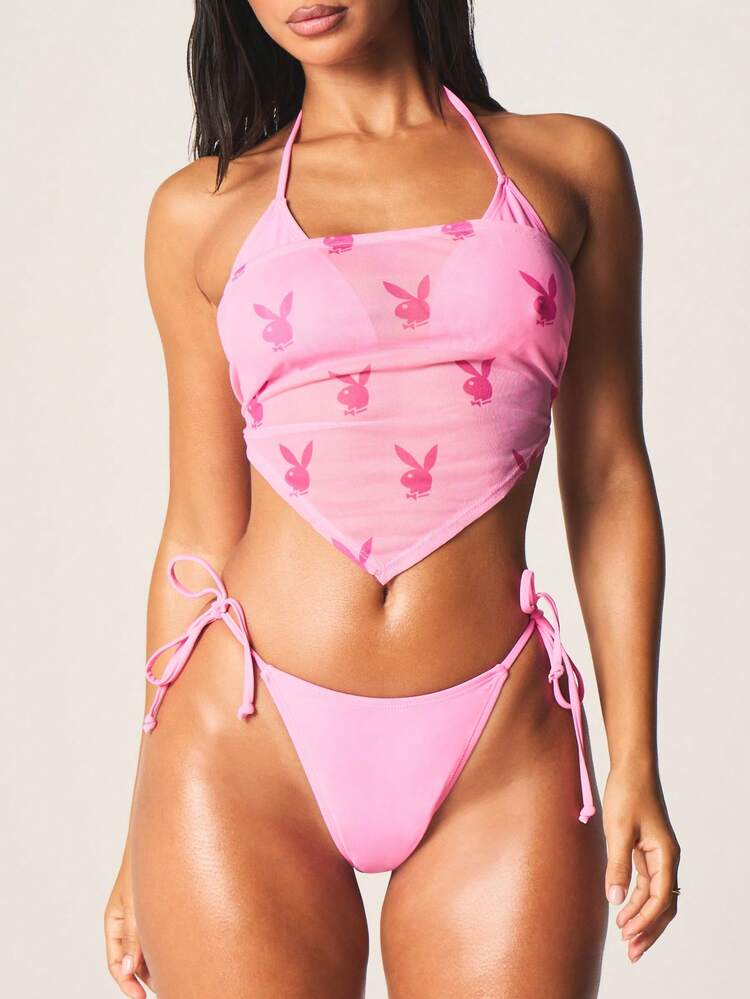 Missguided x Playboy Bandana z siatki, szalik, wiązanie, narzutka plażowa z nadrukiem króliczka na całej powierzchni i dekoltem halter, idealna na letnie wakacje