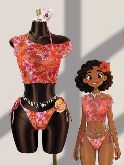 Zestiva 2026 New Women's Summer Beach Vacation Floral Print Orange Spaghetti Strap Halter Floral Decor Asymmetric Triangle Tie Bikini 3-Piece Set