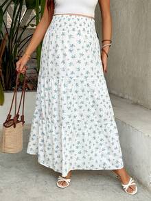 SHEIN Maternity Summer Casual Flowy White Blue Floral Midi Skirt,Holiday Baby Shower Elastic Waist Extra-Wide Gathered Long Skirts For Pregnant Women - Blue and White - View 4