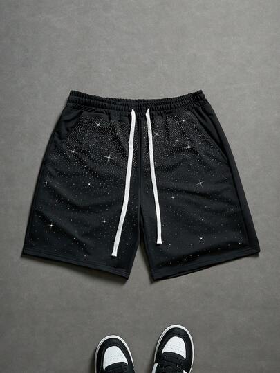 PAVTROS Men's Drawstring Waist Sparkling Diamond Print Shorts,Valentine's Day,Spring To Summer,Gift For My Boyfriend,Mardi Gras,Vintage,Streetwear,Party,St Patrick's Day,Going Out