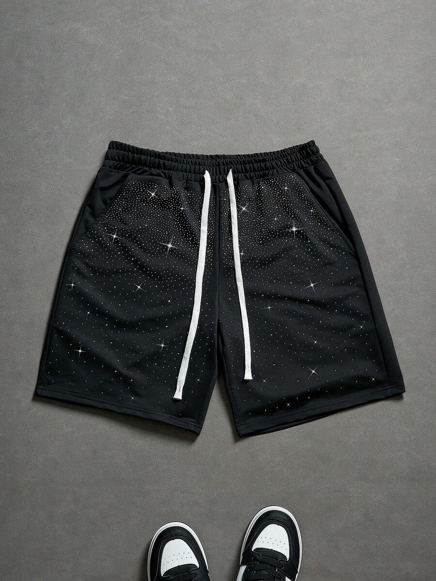 PAVTROS 男士抽绳腰带闪亮钻石印花短裤，情人节，春夏，送男友的礼物，狂欢节，复古，街头风，派对，圣帕特里克节，外出 - 黑色 - 查看 1