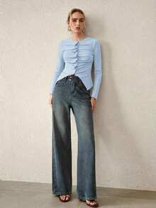 MOTF PREMIUM CAMISETA DE MANGA LARGA DE PUNTO ACANALADO CON BOTONES FRUNCIDOS PARA MUJER, OTOÑO/INVIERNO - Azul - Ver 3