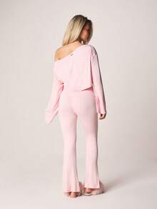 Missguided x Playboy 露肩长袖上衣搭配高腰喇叭裤家居服套装 - 淺粉色 - 查看 3