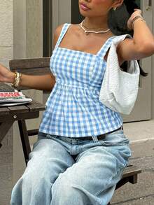 Serisse Women's Plaid Minimalist Sleeveless Backless Top, Everyday Wear - Blue - View 5