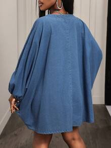 BamGleam Áo denim nữ màu trơn, tay dài, vai lệch, dáng rộng, thường ngày - Rửa nhẹ - Xem 2