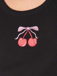 MISSGUIDED Cherry Embroidered Sleeveless Tank Top Vest Ribbed Casual Summer Spring Outfit - Black - View 2
