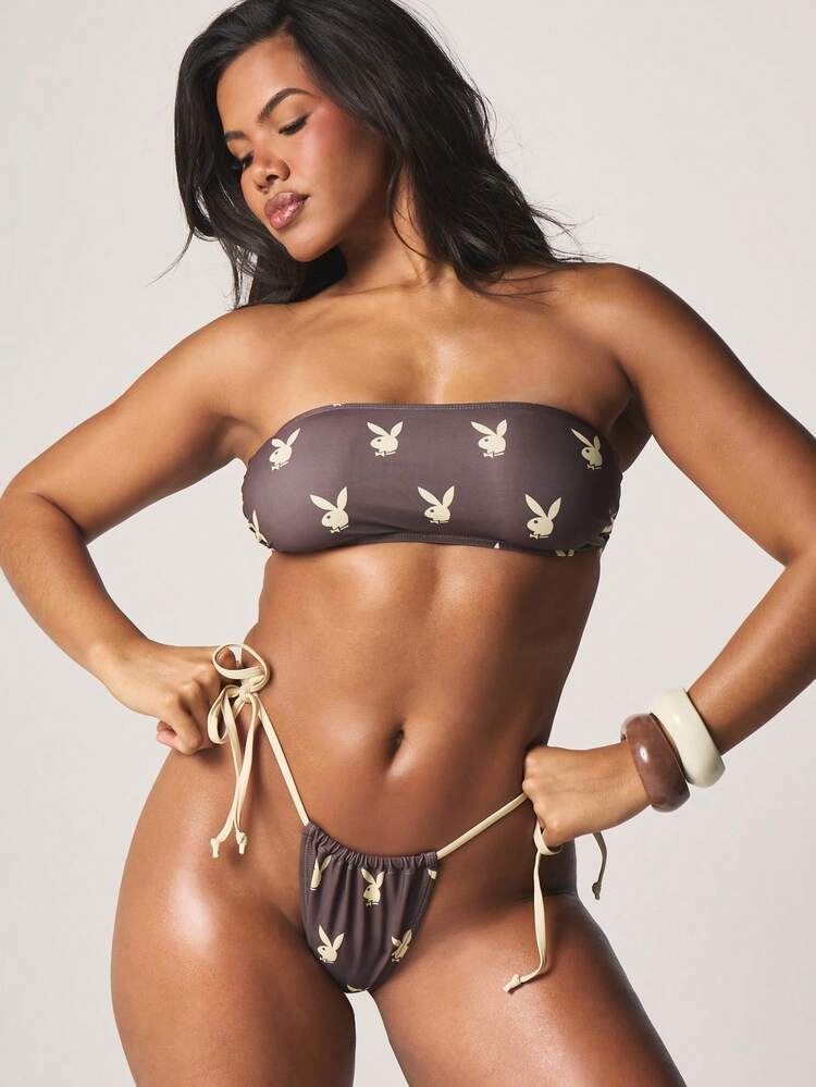 Missguided x Playboy Beach Bandeau Bikini Set With Bunny Print And Ruched Side Tie Bottom Summer Swimwear Two Piece