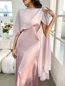 女士纯色优雅修身不对称下摆连衣裙 - 粉色 - 查看 1