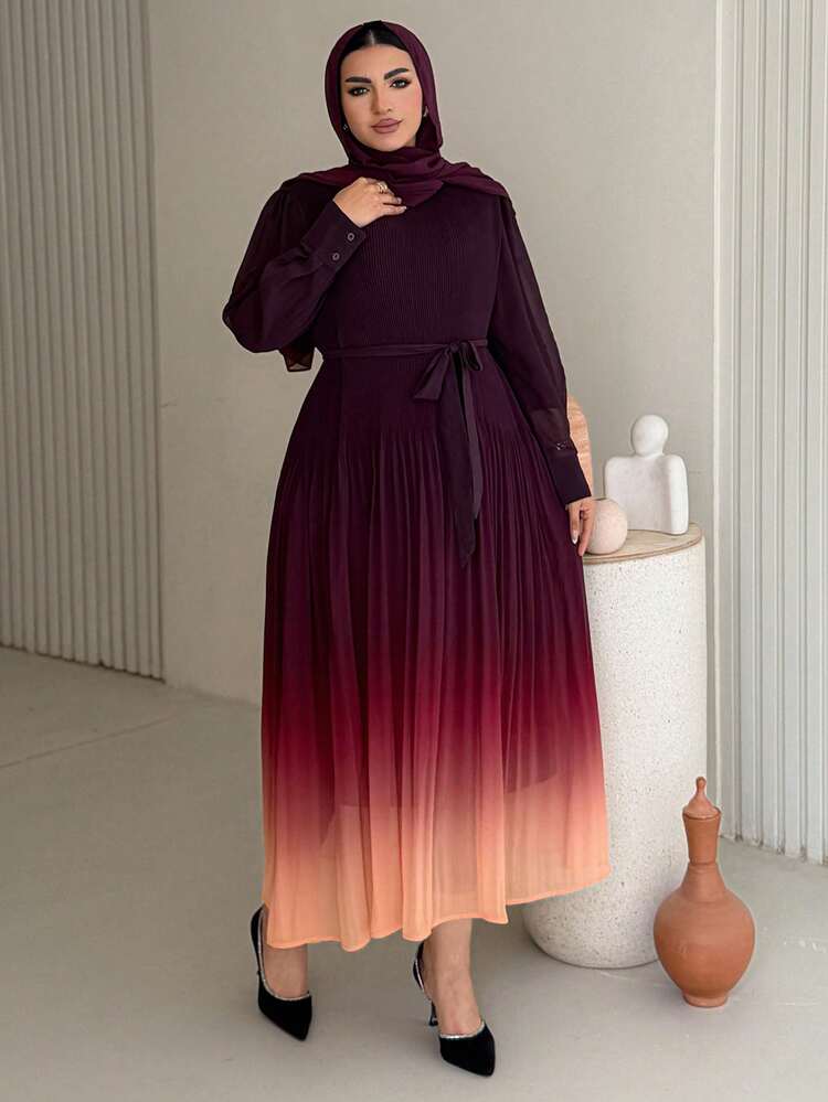 Dazy Plus Elegant Pleated Gradient Color Waist Cinched Dress With Round Neck, Long Sleeve, Plus Size Summer Sun Dresses For Women