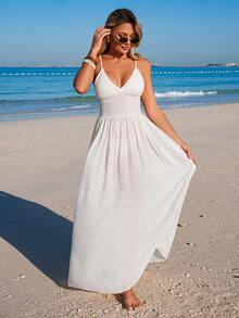 Swim Vcay Women's V-Neck Sleeveless Ruched Backless Elegant Solid Beach Dress, Vacation Style - White - View 6