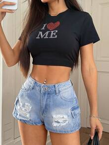 Rivivi 女士休闲百搭日常牛仔短裤，带口袋和做旧设计 - 淺色水洗藍 - 查看 7