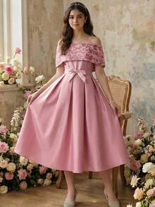 Pitira 少女派对礼服纯色缎面露肩网纱串珠刺绣腰部连衣裙，优雅公主风，适合正式场合、派对、生日、日常穿着、节日、家庭聚会和特殊活动，姐妹装，可爱、优雅、甜美复古风，适合返校季、优雅派对、约会、通勤，也适合婚礼、生日派对、舞会、伴娘礼服、正式晚礼服、毕业典礼、春节等场合。 - 粉色 - 查看 3