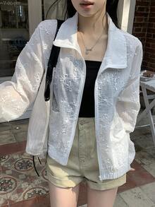 Livesso Spring & Summer Vacation Outfit, White High Collar Textured Large Pocket Loose Women Regular Jacket - White - View 3
