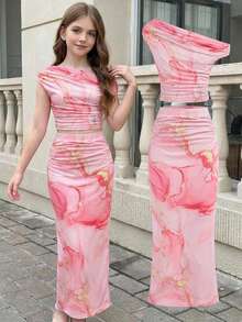 SHEIN Girls Asymmetric Shoulder Print Short Sleeve T-Shirt And Midi Skirt 2 Pieces Elegant Vacation Set - Pink - View 15