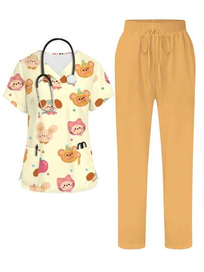 PopScrub 可爱卡通印花 V 领手术服上衣，带口袋和耳环，侧面开口 女士护士手术服制服套装 手术服套装 护士连衣裙 手术服上衣 手术服裤子 实验室外套 手术服外套