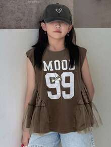 Dazy Kids 少女圆领无袖印花T恤，夏季 - 棕色 - 查看 5